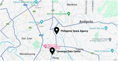 Map with pins on Philippines Space Agency and Converge ICT Solutions Inc